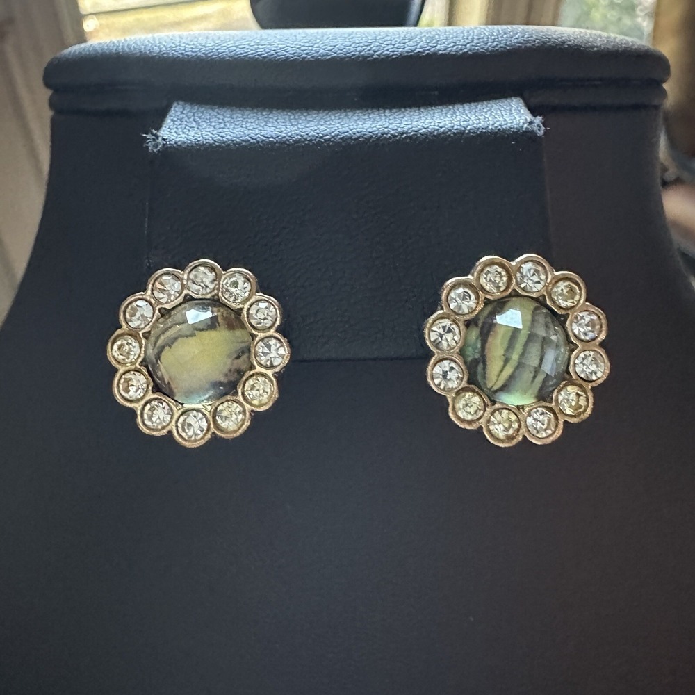 Vintage Pierced‎ Earrings Floral Clear Rhinestones Gold Tone Round Studs